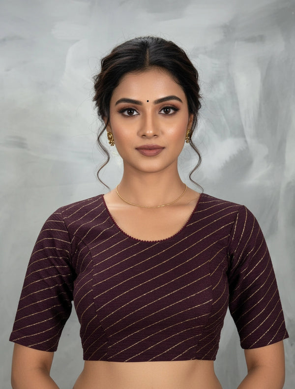 Brown Readymade Designer Stretch Leheriya Print Blouse for Women, Fully Stitched, Elbow Sleeve - Brown