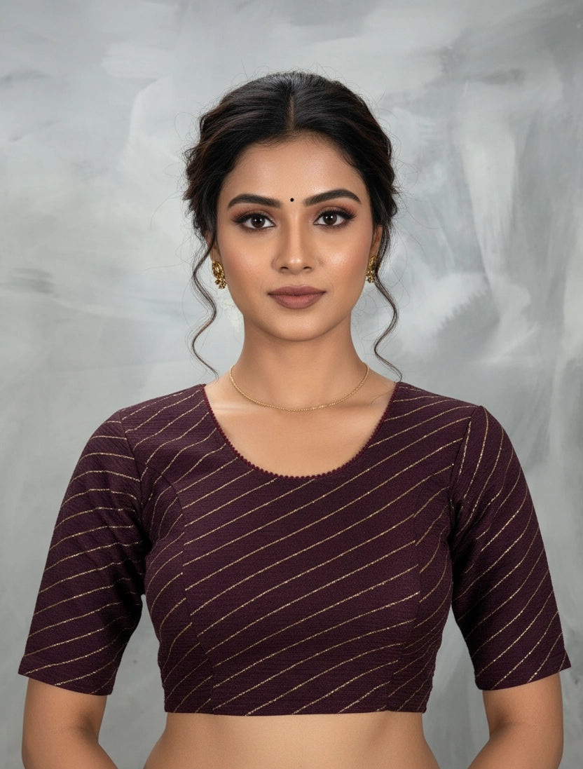 Brown Readymade Designer Stretch Leheriya Print Blouse for Women, Fully Stitched, Elbow Sleeve - Brown