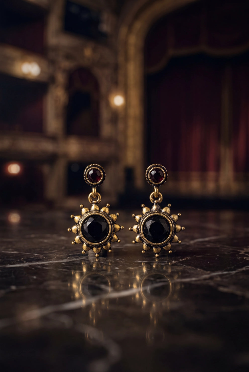 Black Gold-Tone Antique Style Drop Earrings with Sunflower Detail & Bead Accents for Traditional Festive Wear - Black
