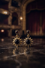 Black Gold-Tone Antique Style Drop Earrings with Sunflower Detail & Bead Accents for Traditional Festive Wear - Black