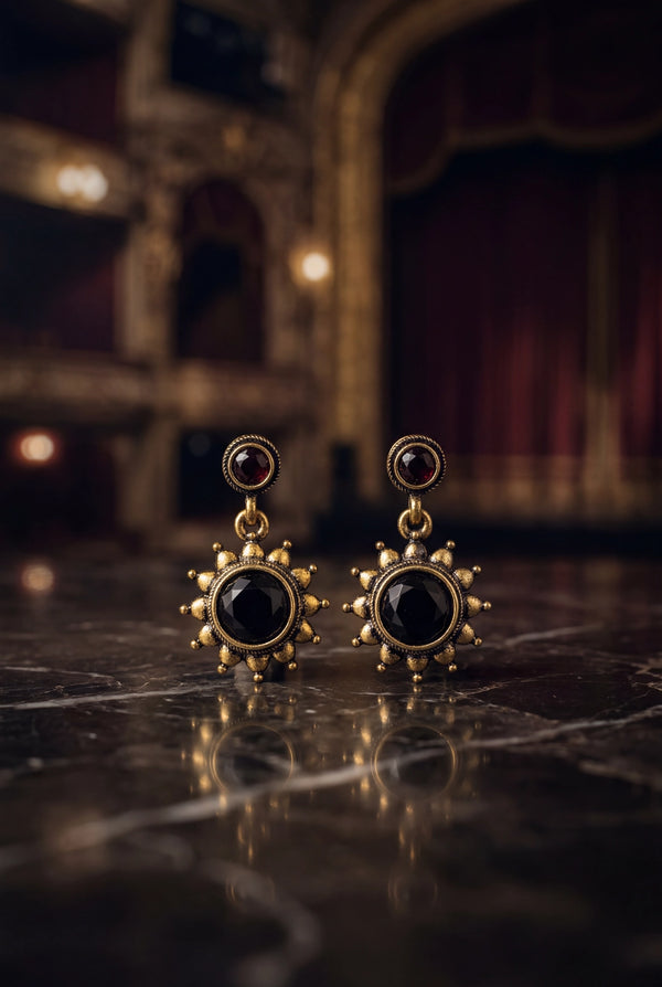 Black Gold-Tone Antique Style Drop Earrings with Sunflower Detail & Bead Accents for Traditional Festive Wear - Black