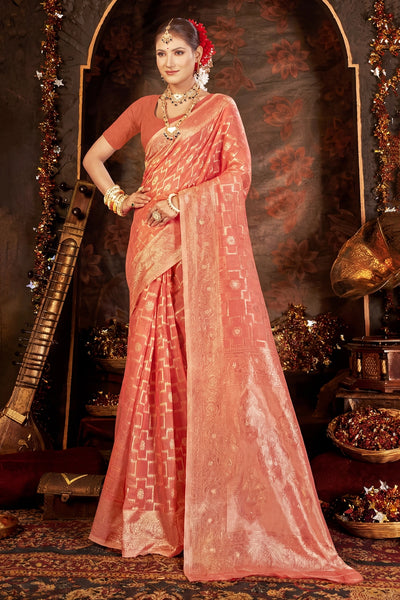 Dark Peach Candy Crush Cotton Weaving Saree with Blouse, Lightweight Traditional Ethnic Wear for Women - Dark Peach