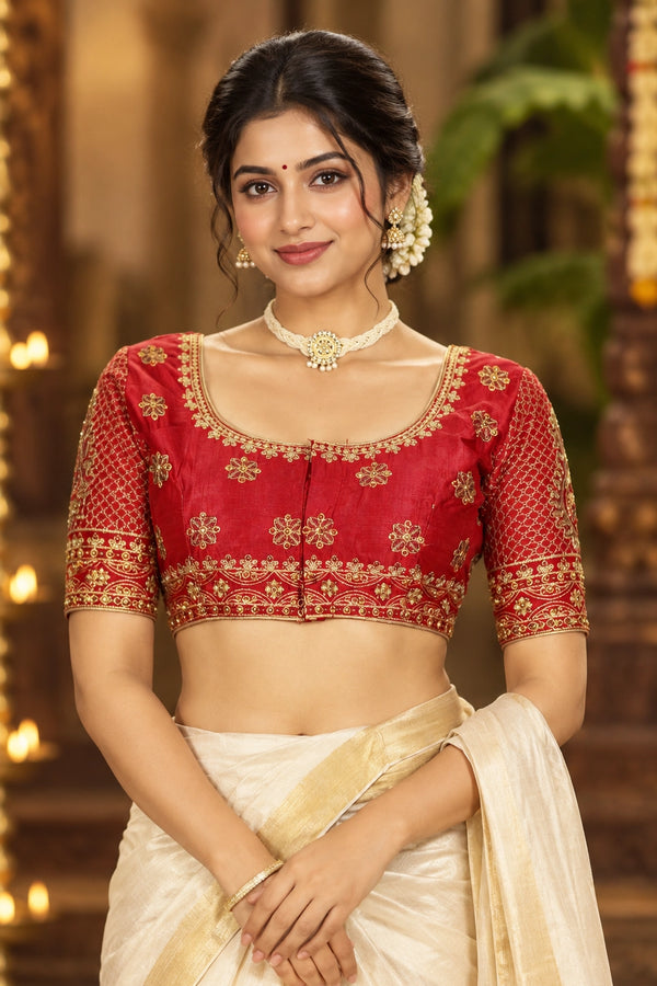 Red Padded Designer U-Neck Blouse with Zari Floral Butta, Fully Stitched Elbow Sleeves & Back Knot - Red