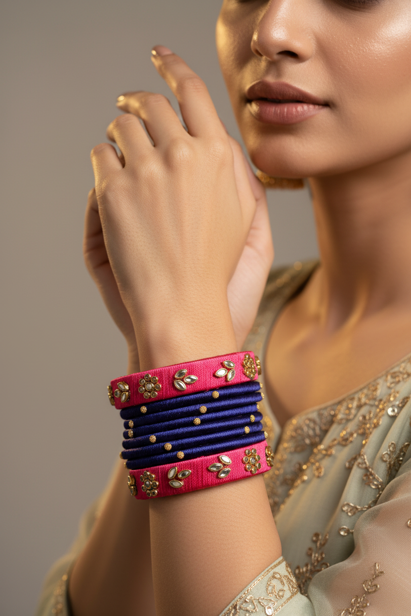 Silk Thread Kundan-Style Bangle Set - Pink & Royal Blue Silk-Wrapped Bangles (8 pcs, Size 2.4)