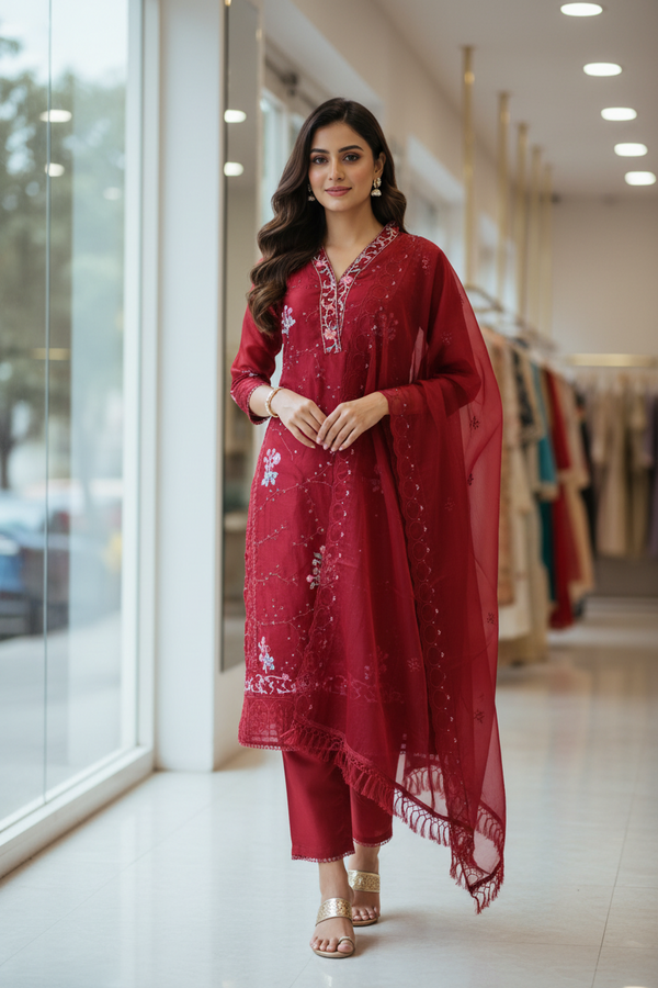 Maroon Organza 3-Piece Salwar Set with Khatli Work Kurti, Roman Silk Bottom and Border Work Dupatta