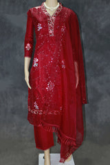 Maroon Organza 3-Piece Salwar Set with Khatli Work Kurti, Roman Silk Bottom and Border Work Dupatta - Maroon
