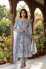 Grey Cotton 3-Piece Kurti Set with Floral Print, Embroidery Work, Frock Pant and Matching Dupatta - Grey