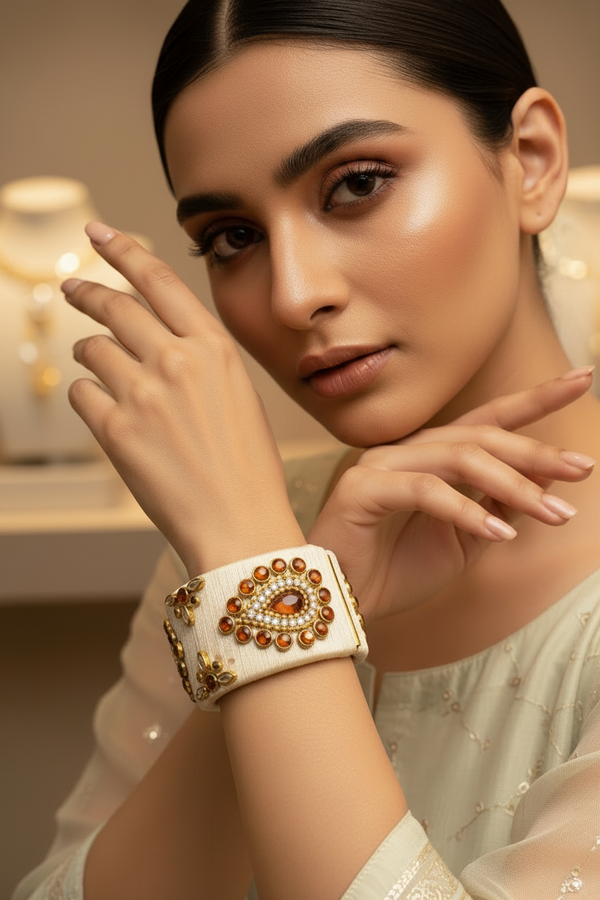 Beige Silk Thread Kundan Kada Bracelet - Open-Close