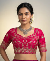 Rani Pink Designer Padded Blouse with Embroidery Sequence Work, Elbow Sleeve and Back Knot, Fully Stitched - Rani Pink