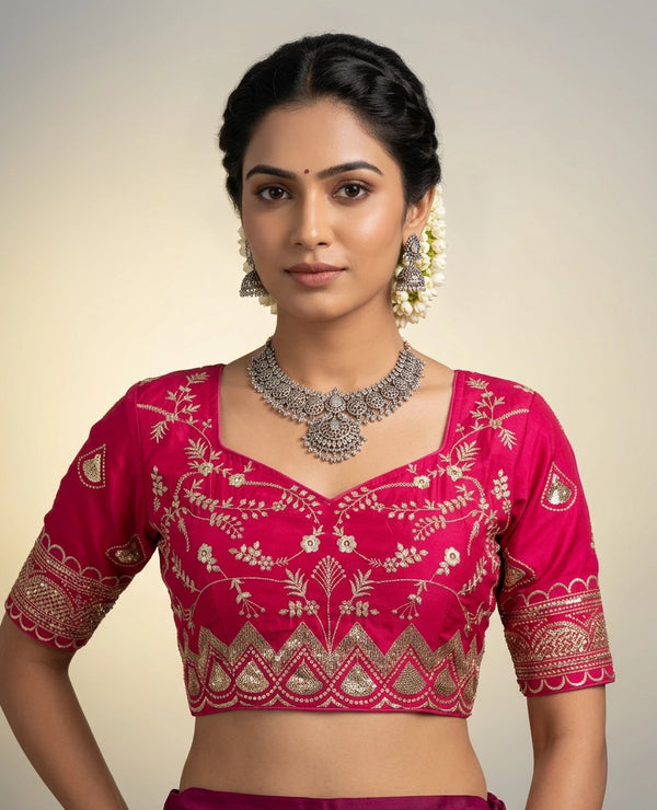 Rani Pink Designer Padded Blouse with Embroidery Sequence Work, Elbow Sleeve and Back Knot, Fully Stitched - Rani Pink