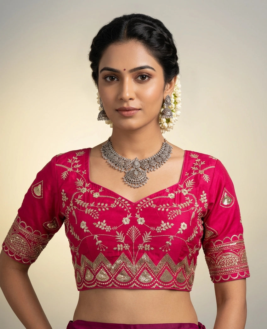 Rani Pink Designer Padded Blouse with Embroidery Sequence Work, Elbow Sleeve and Back Knot, Fully Stitched - Rani Pink