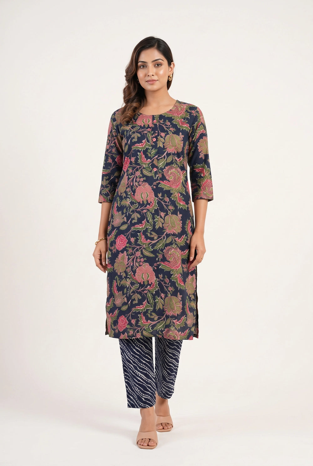 Navy Blue Rayon Floral Print Kurti with Elastic Pant 2-Piece Set for Women - Navy Blue