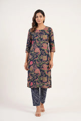 Navy Blue Rayon Floral Print Kurti with Elastic Pant 2-Piece Set for Women - Navy Blue