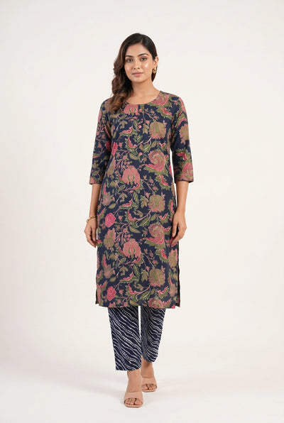 Navy Blue Rayon Floral Print Kurti with Elastic Pant 2-Piece Set for Women - Navy Blue