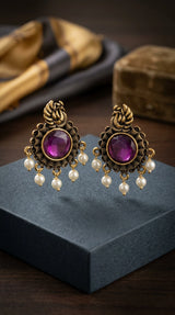 Purple Stone & Pearl Drop Antique Gold-Tone Statement Earrings for Women, 1.5 inch - Purple