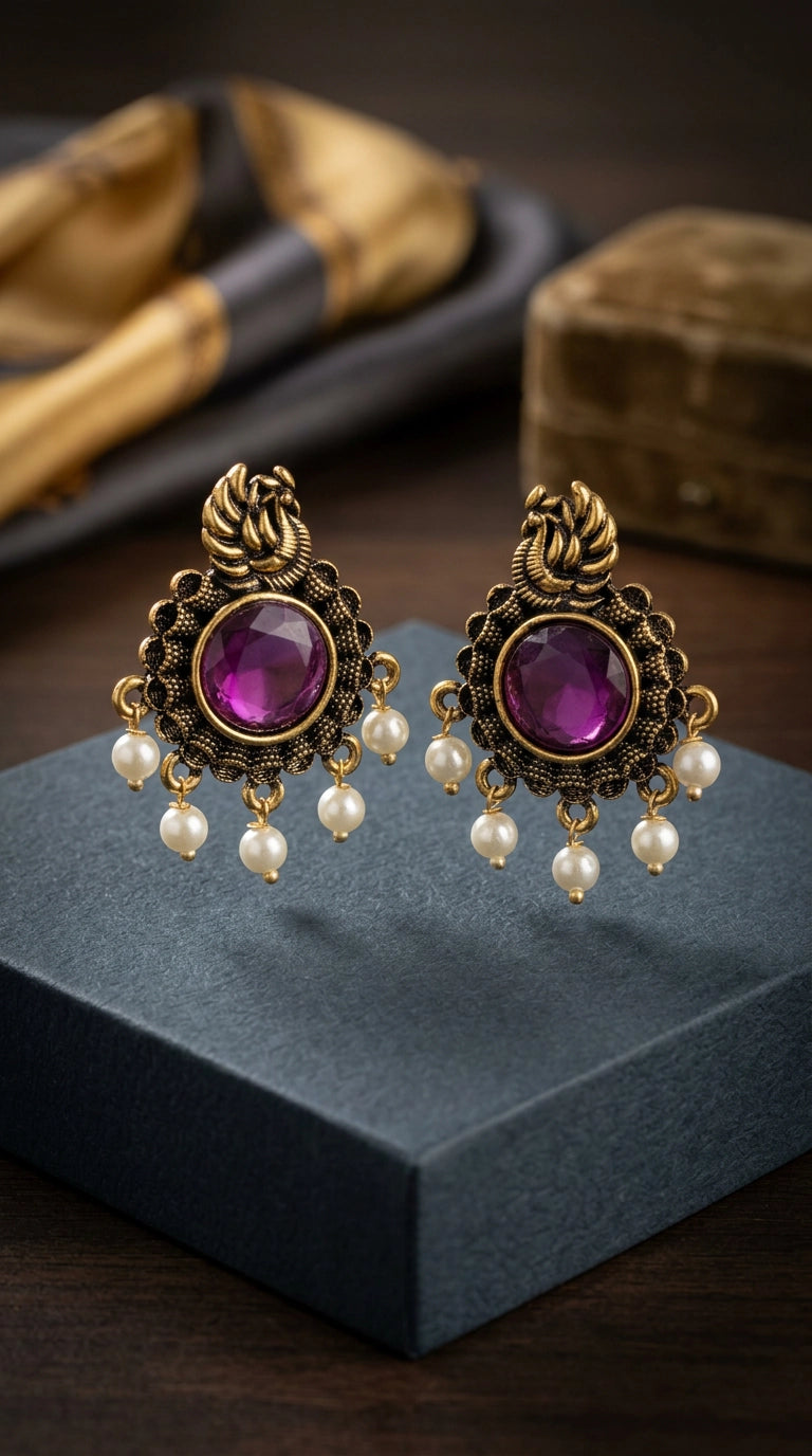 Purple Stone & Pearl Drop Antique Gold-Tone Statement Earrings for Women, 1.5 inch - Purple