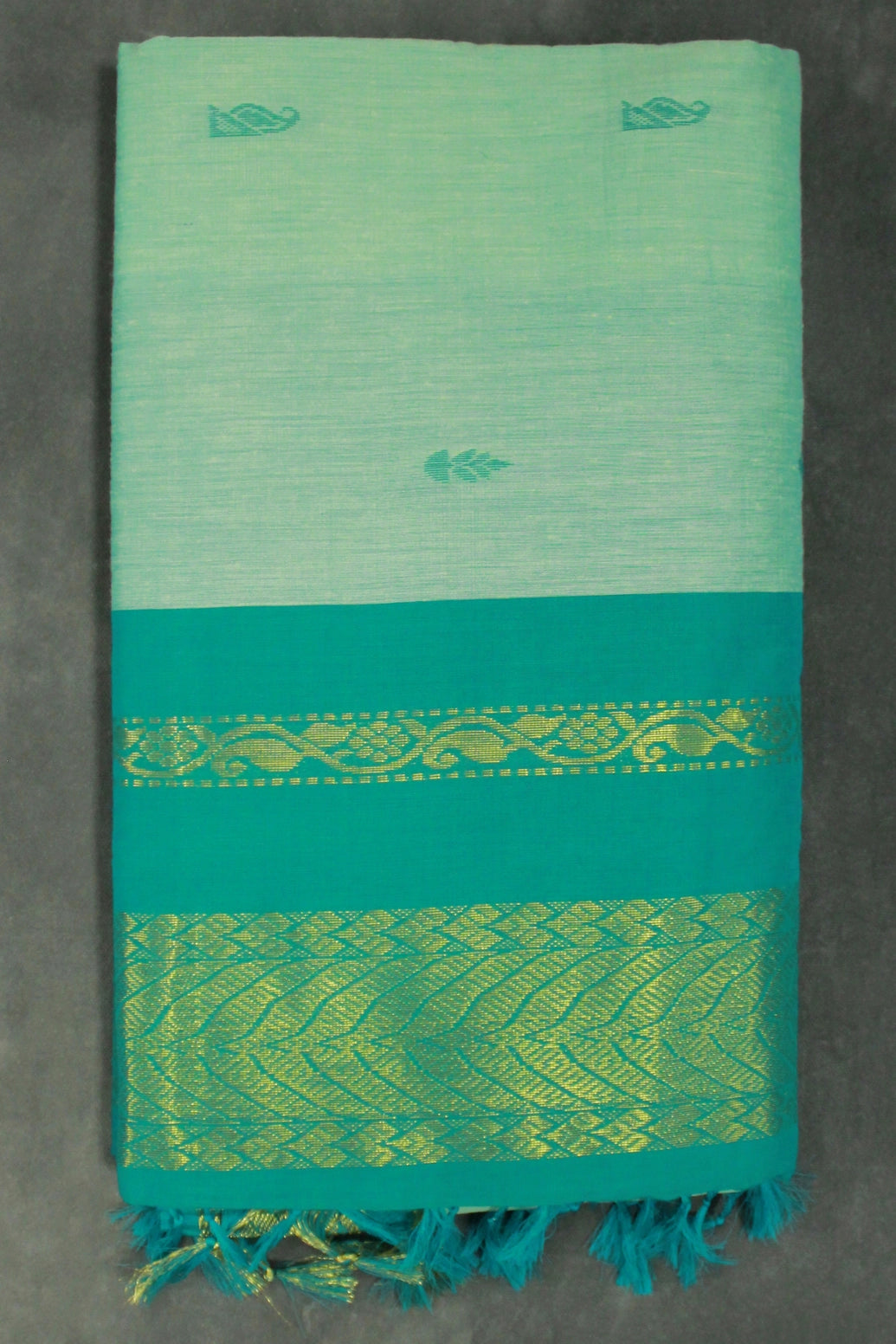 Mint Blue Kalyani Cotton Saree with Puttas and Zari Border & Blouse - Mint Blue