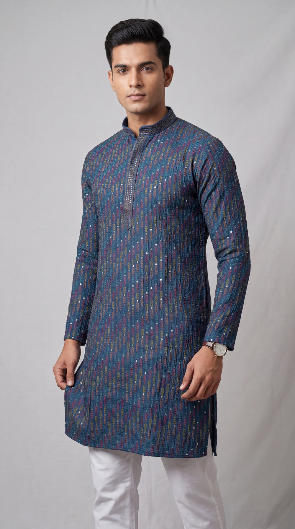 Men’s Blue Cotton Kurta with Multicolor Embroidery and Gold Sequins (Pareek) - Traditional Ethnic Wear - Blue