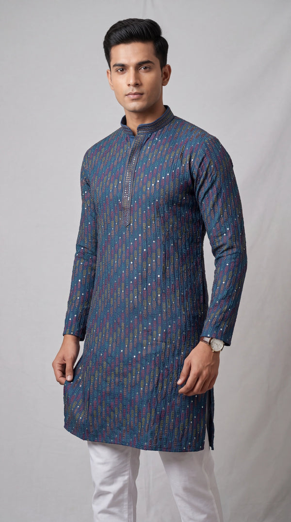 Men’s Blue Cotton Kurta with Multicolor Embroidery and Gold Sequins (Pareek) - Traditional Ethnic Wear - Blue