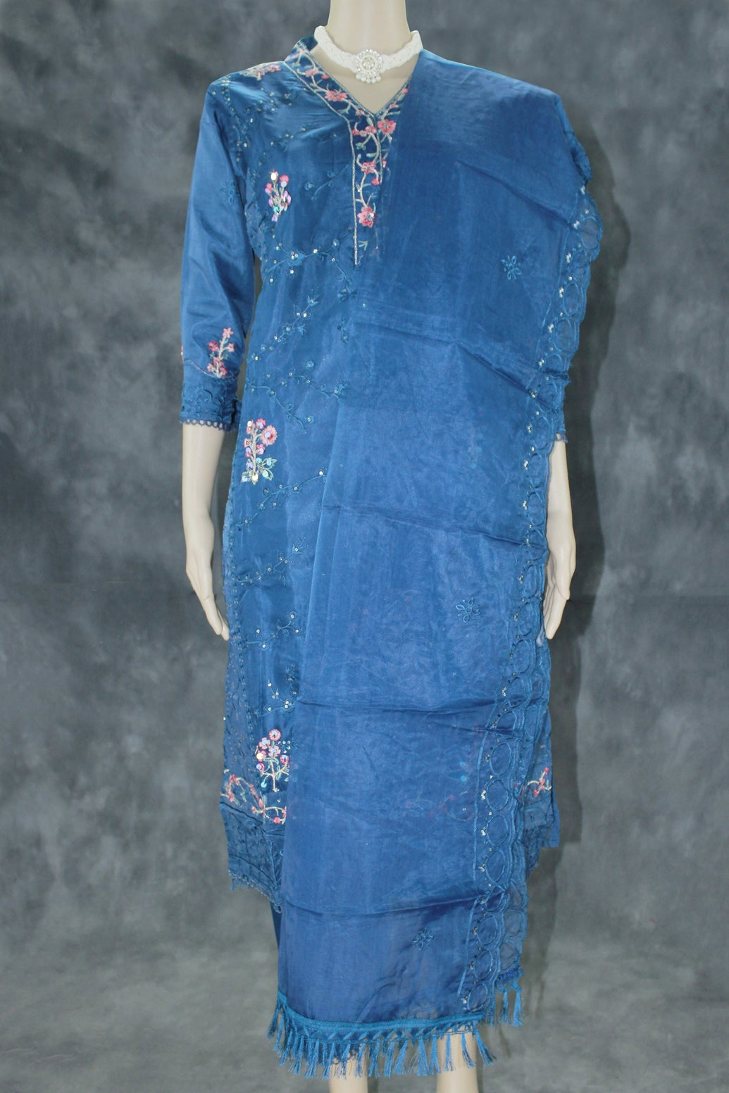 Navy Blue 3-Piece Organza Kurti Set with Khatli Work, V-Neck Embroidery & Sequins, Suit Bottom & Border Dupatta - Navy blue