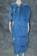 Navy Blue 3-Piece Organza Kurti Set with Khatli Work, V-Neck Embroidery & Sequins, Suit Bottom & Border Dupatta - Navy blue