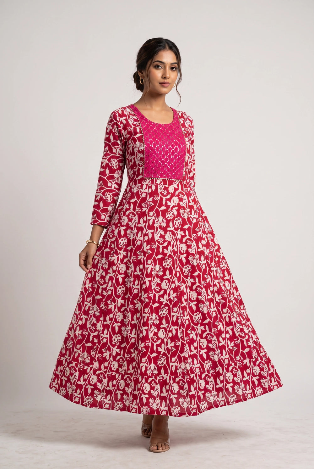 Pink Cotton Anarkali Kurti Gown with Dori Design, Geometric & Floral Print and Silver Sequin Detailing - Pink