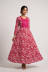 Pink Cotton Anarkali Kurti Gown with Dori Design, Geometric & Floral Print and Silver Sequin Detailing - Pink