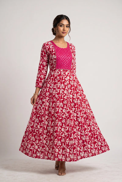 Pink Cotton Anarkali Kurti Gown with Dori Design, Geometric & Floral Print and Silver Sequin Detailing - Pink