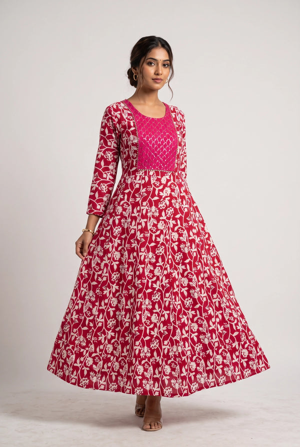 Pink Cotton Anarkali Kurti Gown with Dori Design, Geometric & Floral Print and Silver Sequin Detailing - Pink