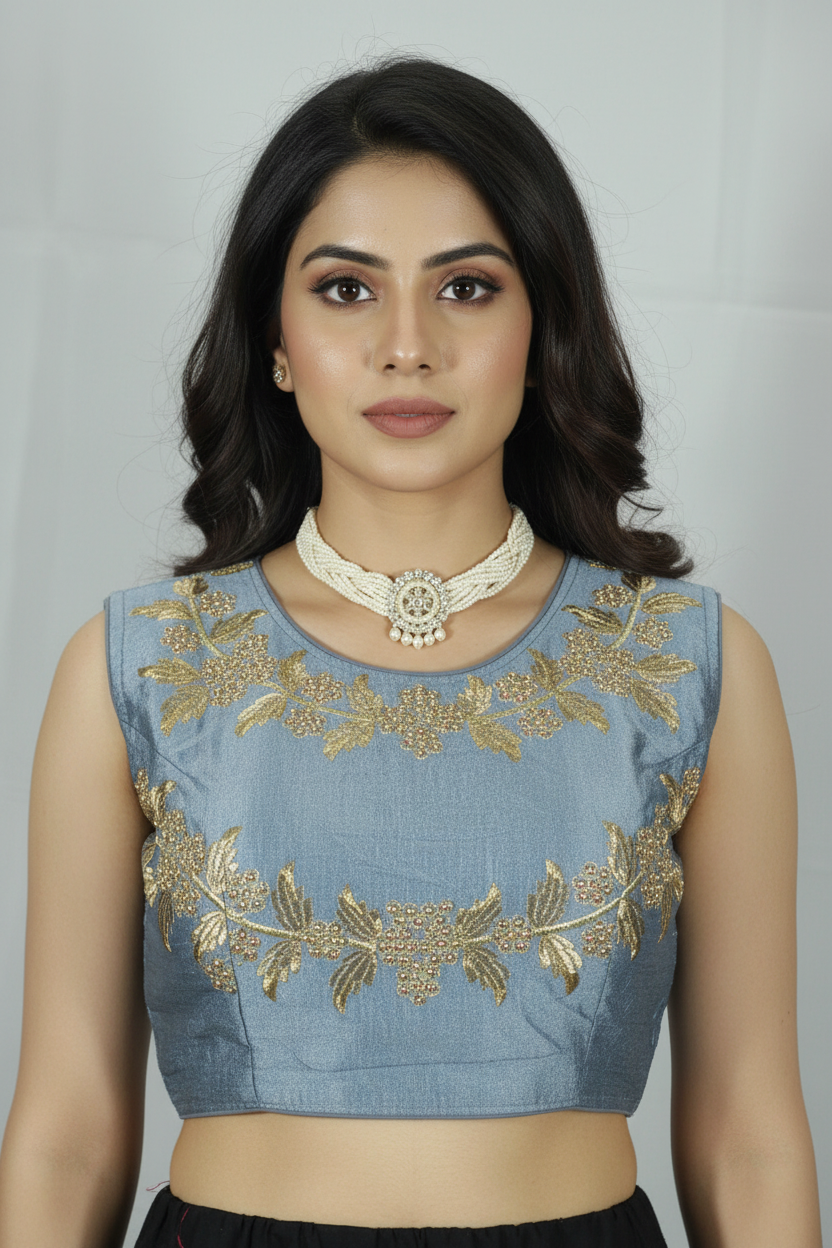 Grey Sleeveless Padded Designer Blouse with Golden Aari Work Floral Motifs and Beadwork, Back Knot
