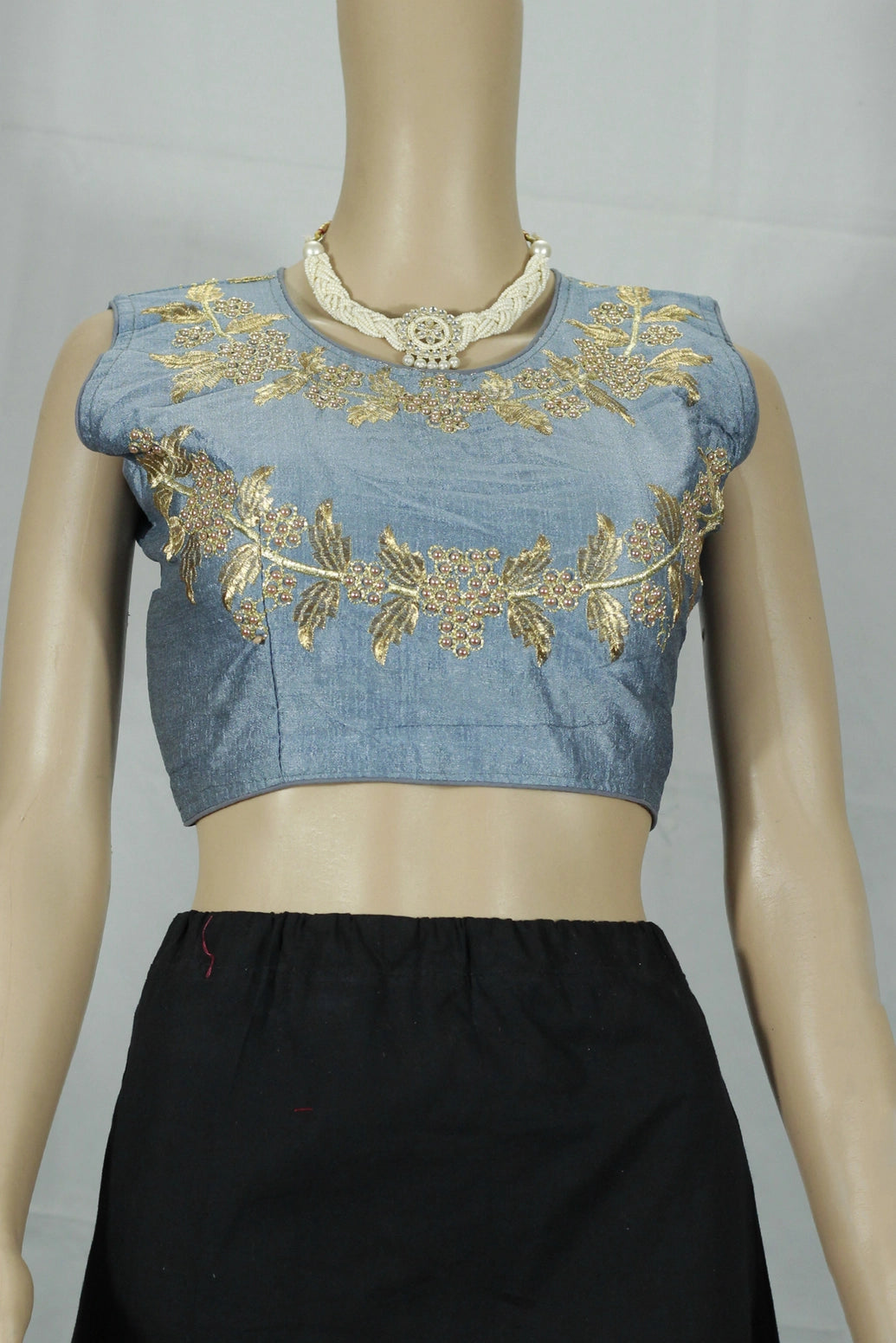 Grey Sleeveless Padded Designer Blouse with Golden Aari Work Floral Motifs and Beadwork, Back Knot - Grey