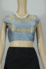 Grey Sleeveless Padded Designer Blouse with Golden Aari Work Floral Motifs and Beadwork, Back Knot - Grey