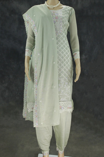 Pastel Green 3-Piece Chiffon Kurti Set with Stone Work, Elastic Pant & Embroidered Dupatta for Women - Pastel Green