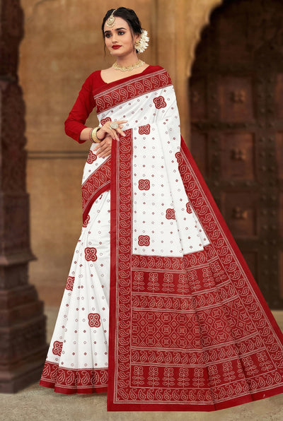 Ajmera Fashion Red Velvet Pure Cotton Printed Saree with Red Border, White Base, Unstitched Blouse Not Included - White