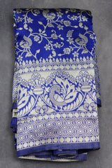 Blue Banarasi Handloom Satin Saree with Woven Embroidered Floral Print and Blouse - Blue