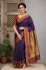 Dark Purple Soft Silk Saree with Kommai Butta and Contrast Border for Festive Wear - Dark Purple