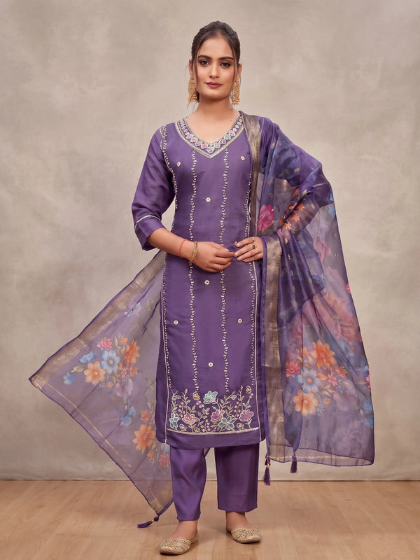 Lavender Roman Silk 3-Piece Kurti Set with Elastic Pant and Digital Jacquard Dupatta - Lavender