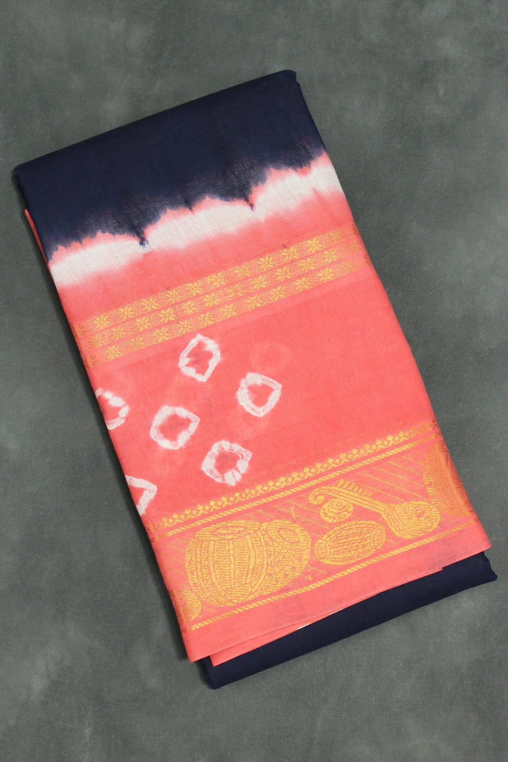 Pure Sungudi Cotton Bandhani Saree with Golden Zari Instrument Motif Border — Navy Blue & Coral, Unstitched Blouse Included - Navy Blue