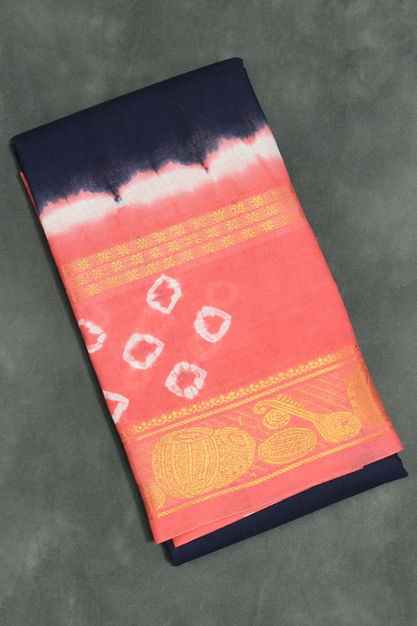 Pure Sungudi Cotton Bandhani Saree with Golden Zari Instrument Motif Border — Navy Blue & Coral, Unstitched Blouse Included Saree JCS Fashions Navy Blue 5.5 meters
