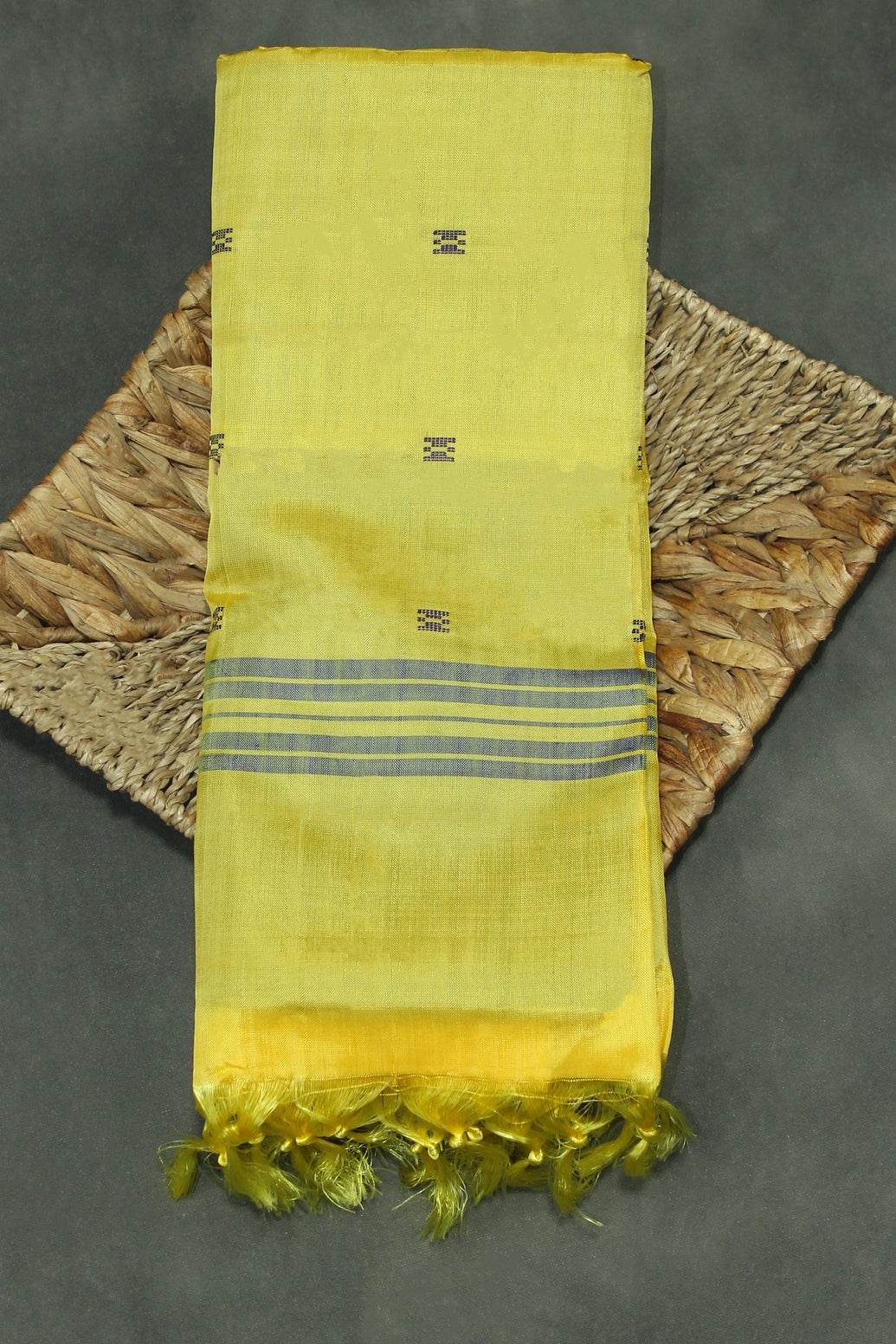 Handwoven Lemon Yellow Vaazhai Naar (Banana Pith) Borderless Saree with Deep Blue Pallu - Lemon Yellow