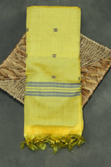 Handwoven Lemon Yellow Vaazhai Naar (Banana Pith) Borderless Saree with Deep Blue Pallu - Lemon Yellow