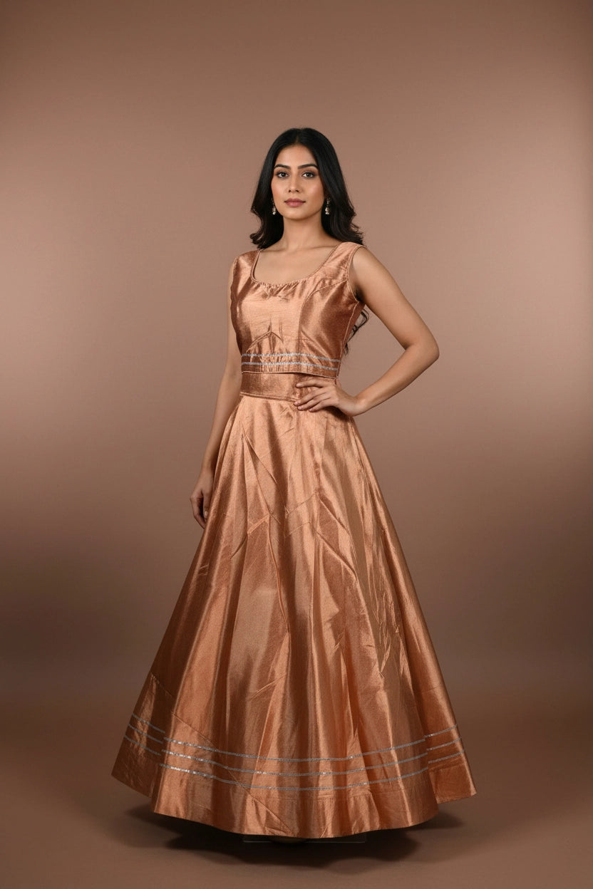 Peach Silk Lehenga with Silver Stripe Border and Sleeveless High-Neck Blouse - Peach