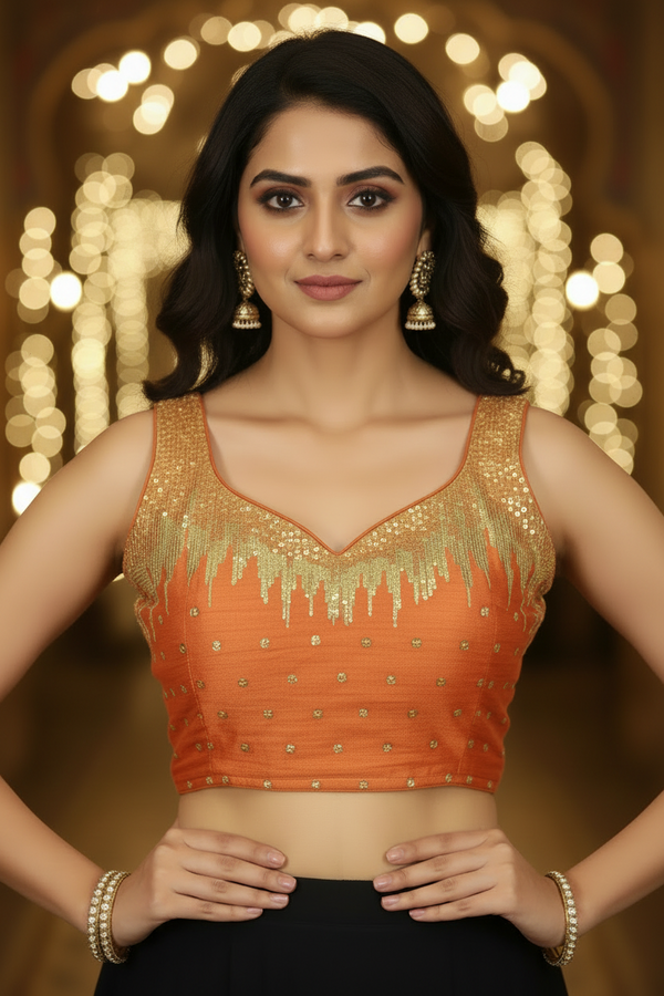 Bright Orange Designer Padded Blouse with Zari Scalloped Embroidery, Sleeveless, Back Knot, Fully Stitched