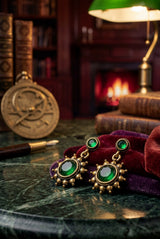 Green Stone Drop Gold-Tone Traditional Fashion Earrings with Antique Finish, Beaded Chandbali Style - Green