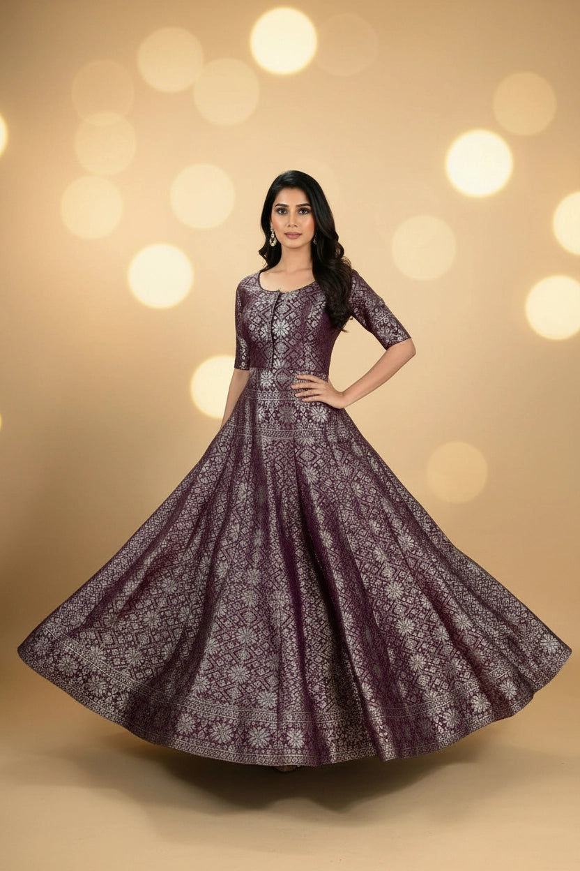 Wine Jacquard Silk Lehenga with Sleeveless Matching Blouse and Zari Motifs for Women - Wine