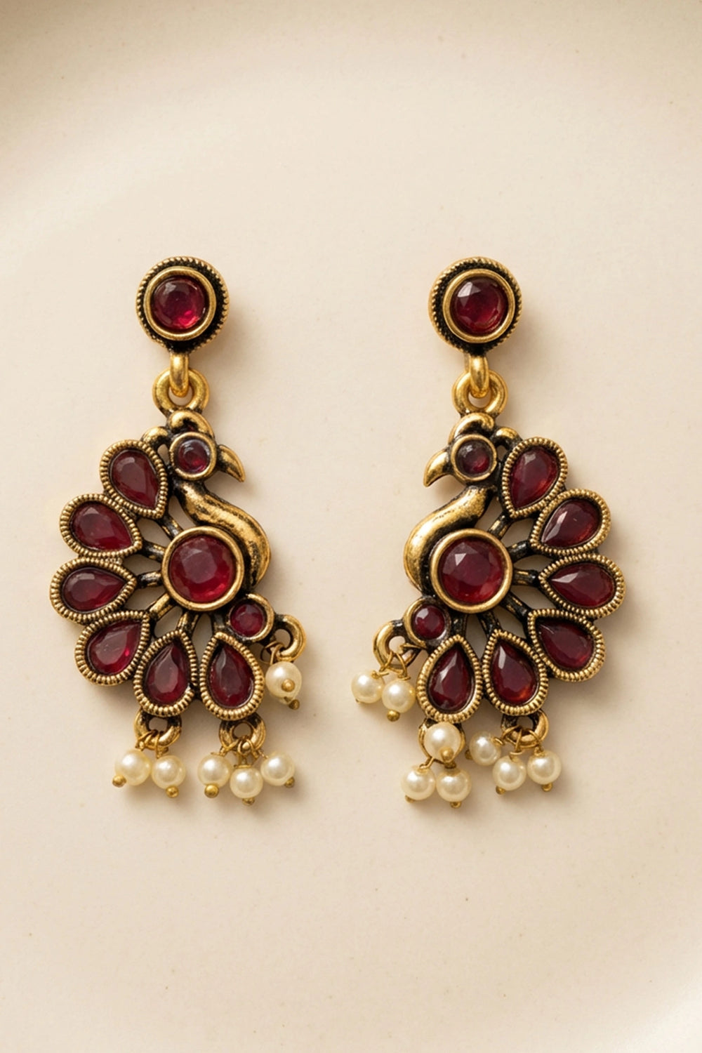 Maroon Pearl Drop Gold-Tone Stud Dangler Earrings for Traditional Ethnic Wear - Maroon