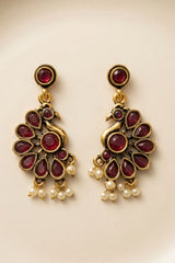 Maroon Pearl Drop Gold-Tone Stud Dangler Earrings for Traditional Ethnic Wear - Maroon