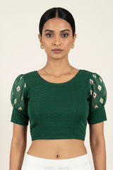 Green Ready to Wear Designer Blouse with Puff Sleeves and Zari Style Motifs, Elbow Length - Green