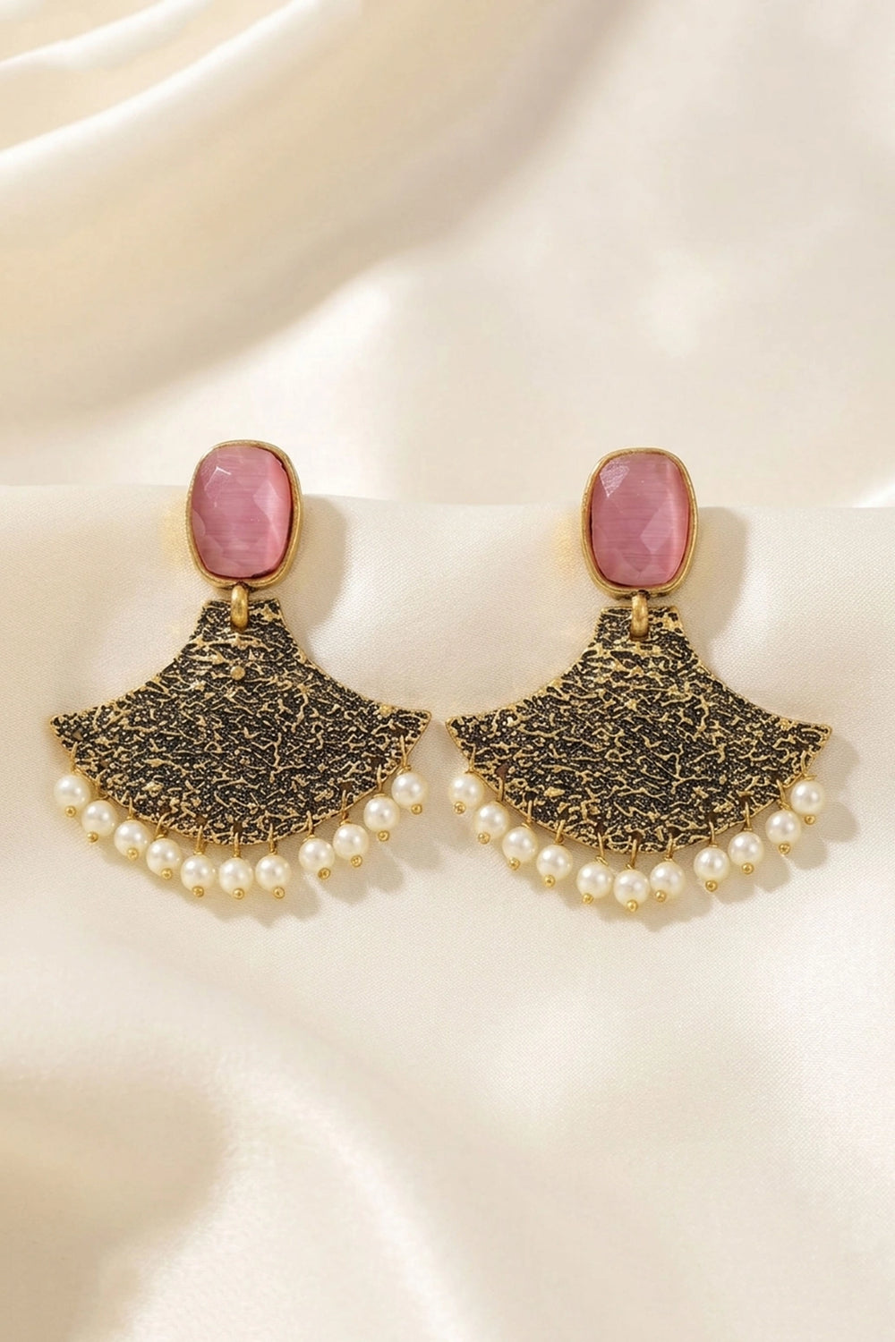 Pink Stone Gold-Tone Textured Dangle Earrings with Pearl Drops for Festive Party Wear - Pink