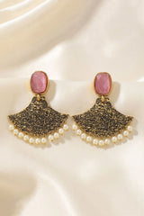 Pink Stone Gold-Tone Textured Dangle Earrings with Pearl Drops for Festive Party Wear - Pink